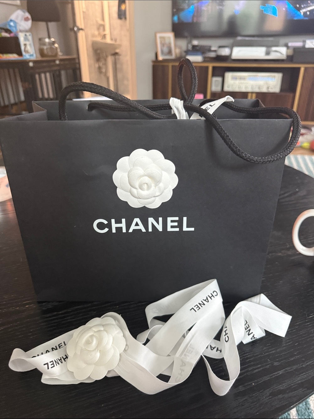 CHANEL Black Gift Bag with White Camellia Ribbon (Shopping Bag)